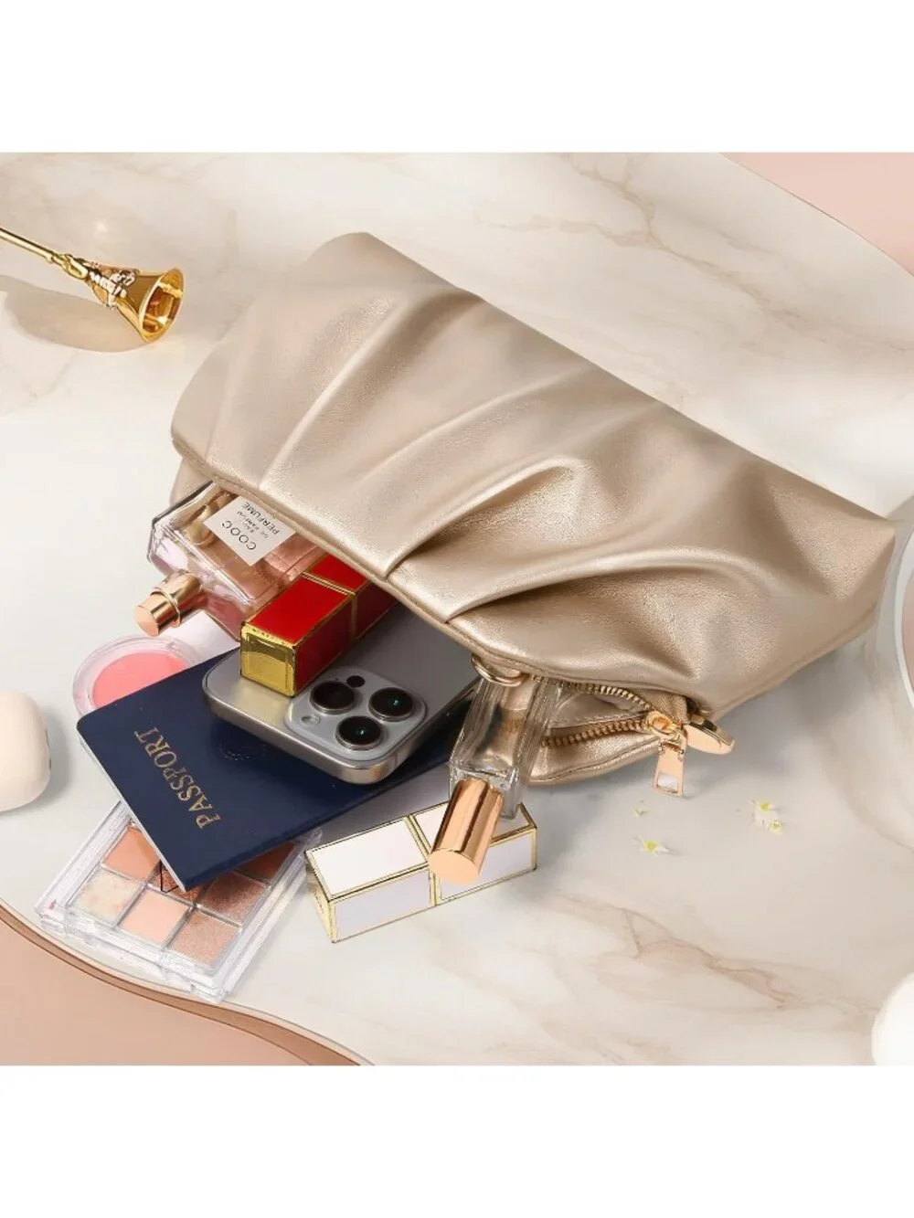 Women's Champagne Gold Soft Pleated Pu Clutch Purse Elegant Evening Wedding Bag